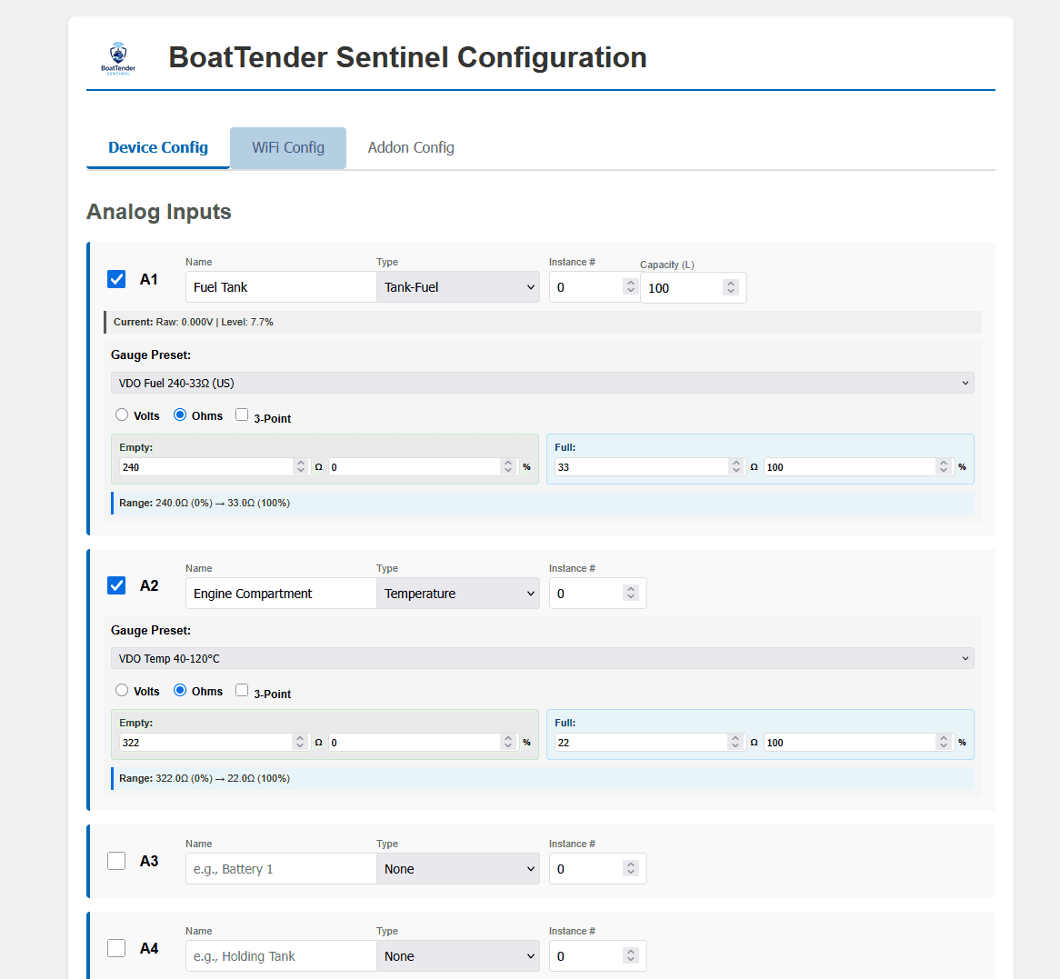 Sentinel analog inputs configuration showing fuel tank and temperature sensors
