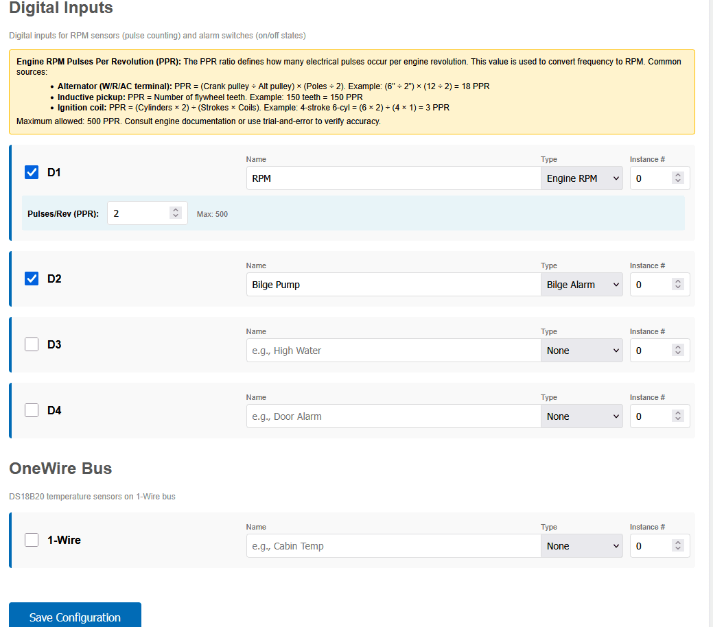 Sentinel digital inputs configuration for RPM sensors and alarms