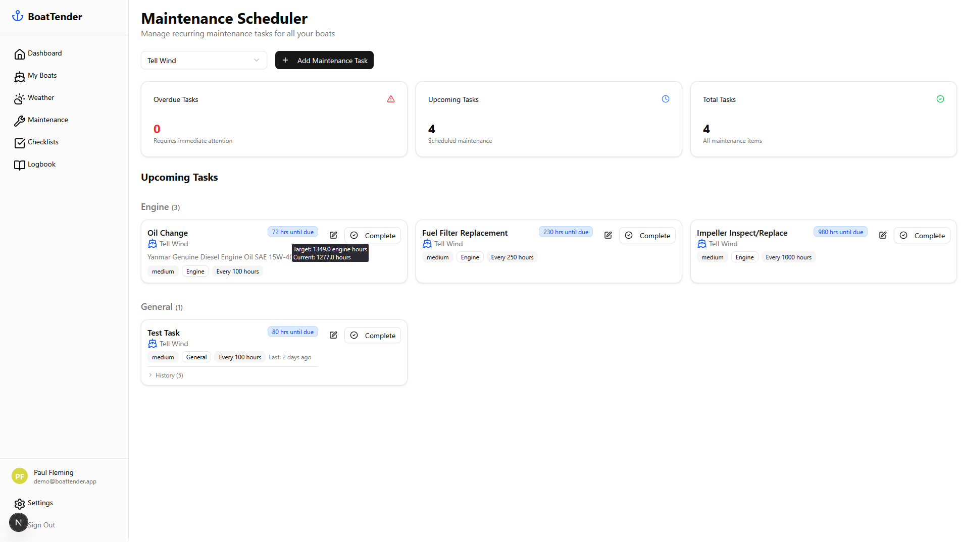 Maintenance scheduler with upcoming tasks