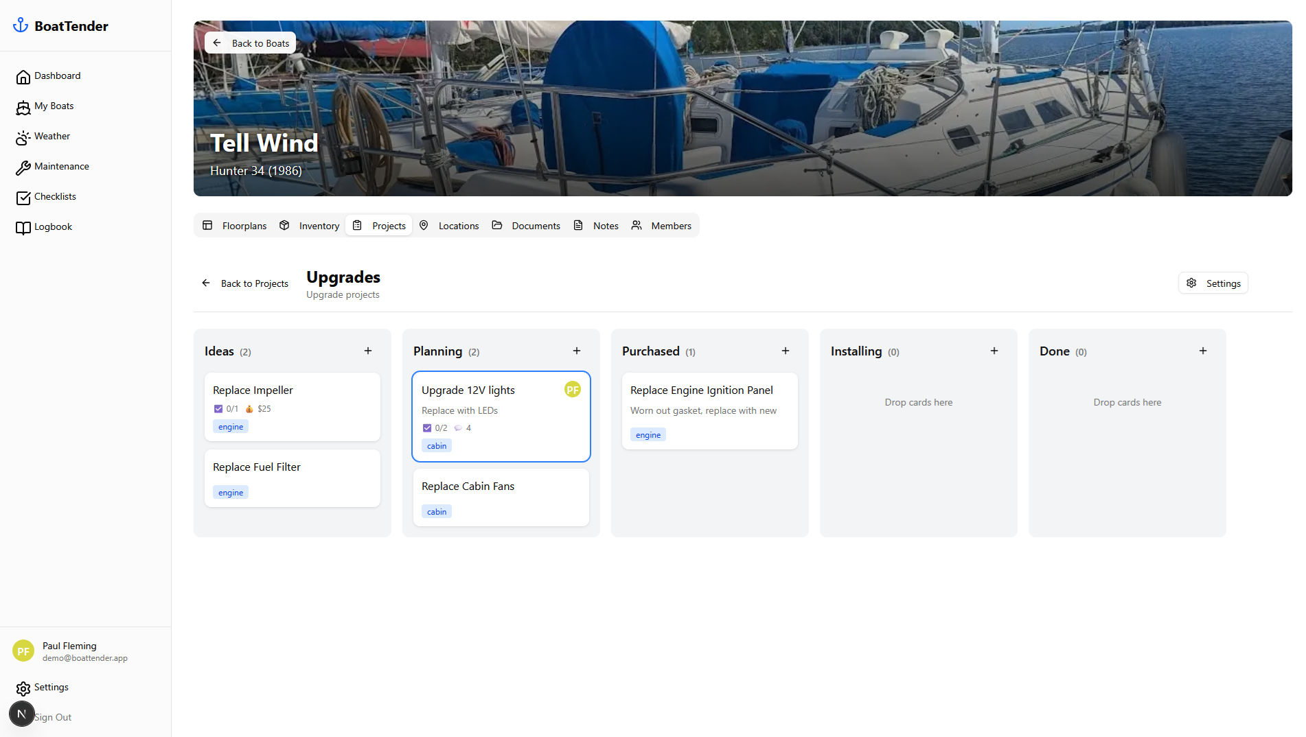 Kanban project board for boat upgrades